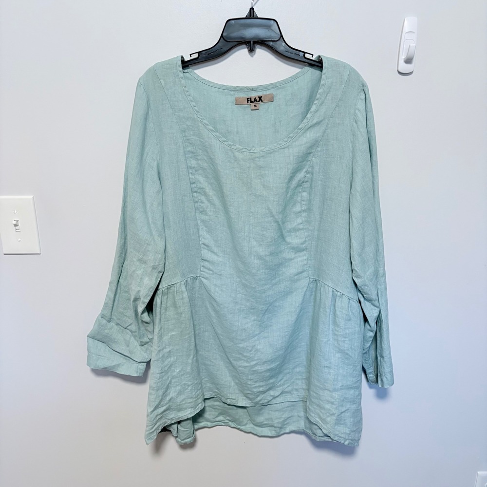 FLAX Linen Peplum Tunic Top Women Light Green size M Long Sleeve Relaxed Fit